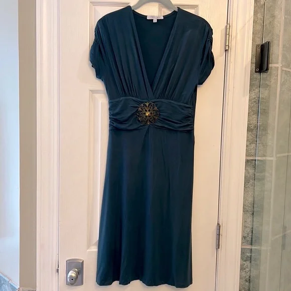 Vertigo Paris | Dresses | Dark Green Stretch Dress With Gold Emblem Detail  | Poshmark